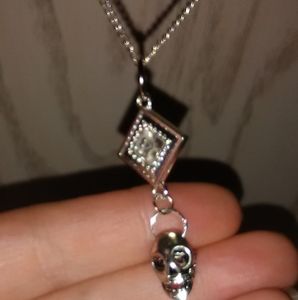 Dainty clear crystal silver skull necklace& earing